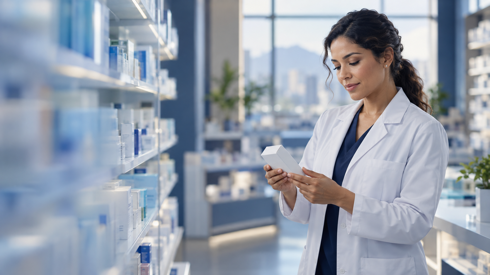 Profesional farmacéutica en un entorno moderno de salud