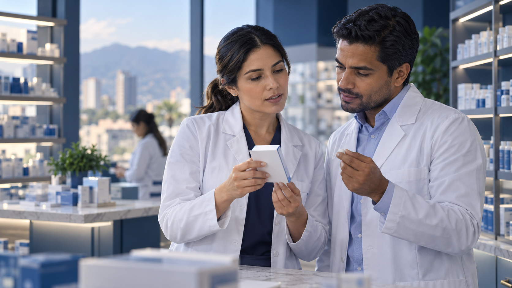 Profesional evaluando productos farmacéuticos