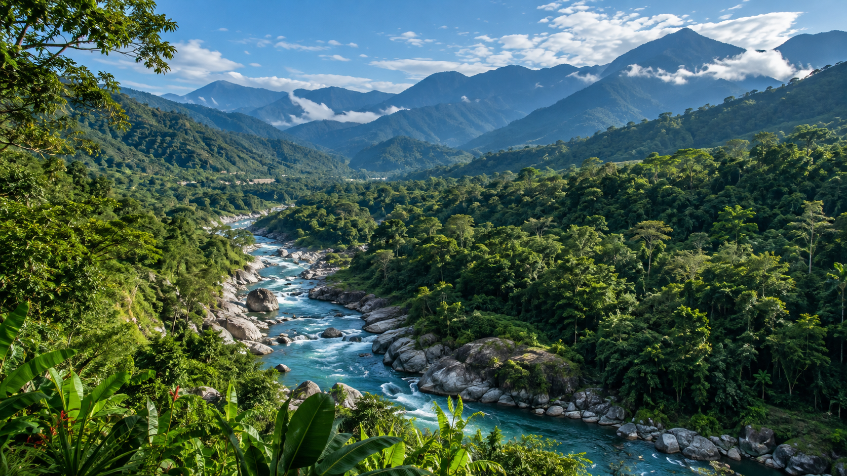 Valle del río Cangrejal, Honduras. Paisaje generado ilustrativo.