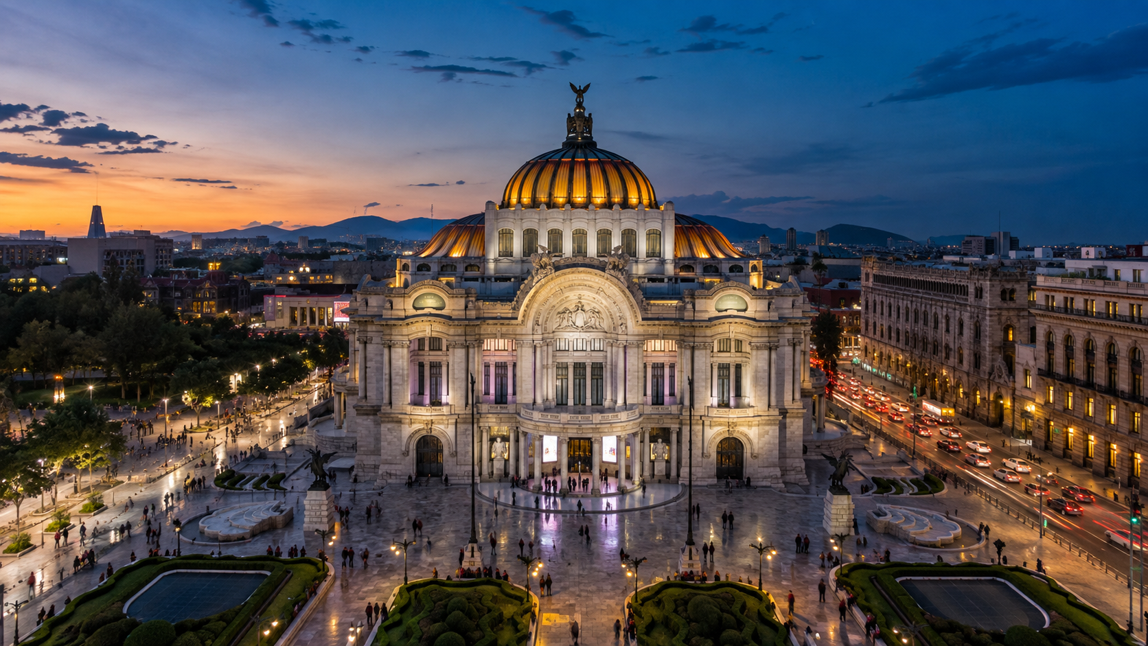 Palacio de Bellas Artes, Ciudad de México, México. Paisaje generado ilustrativo.