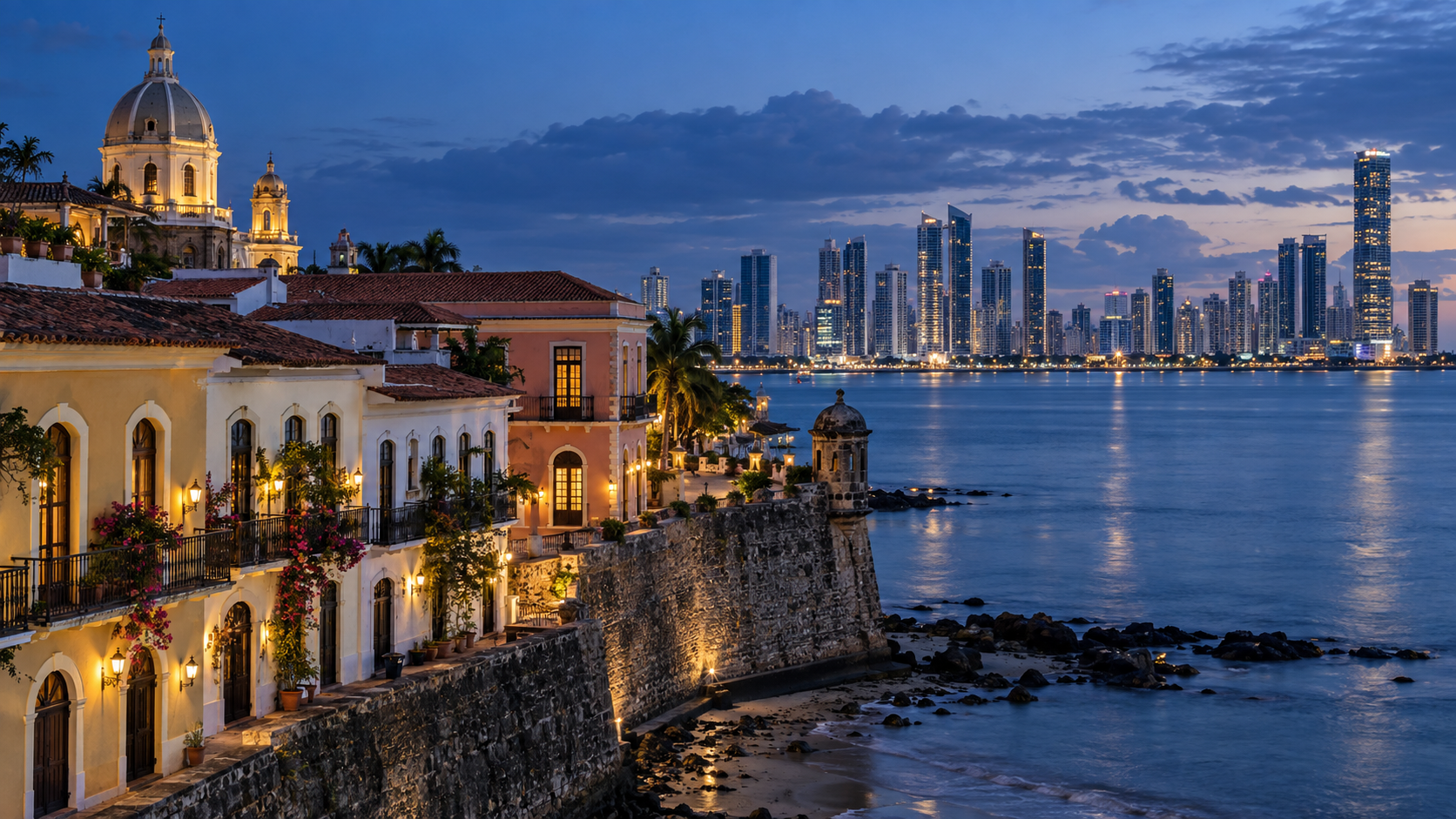Casco Antiguo, Ciudad de Panamá, Panamá. Paisaje generado ilustrativo.